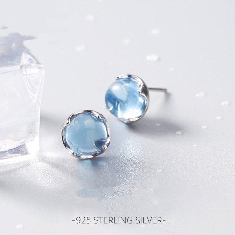 Silver Studs Earrings-Water Blue Crystal earrings-EOS009